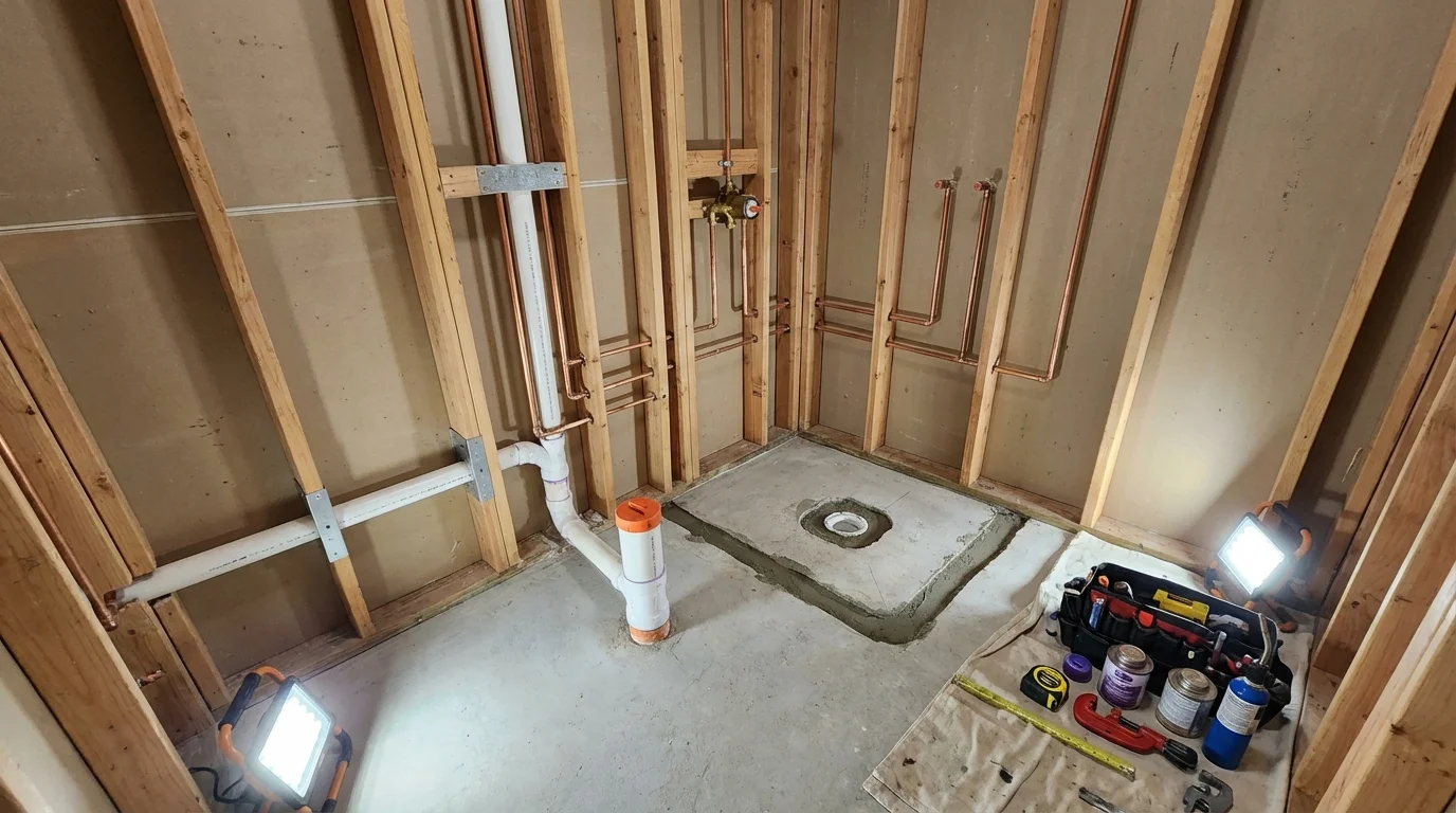 Bathroom rough-in plumbing during remodel by Johns Plumbing LLC in Rensselaer