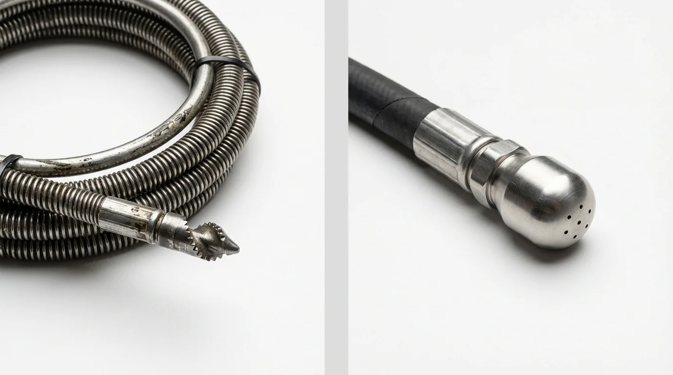 Drain snake cable and hydro jetting nozzle used for drain cleaning in Rensselaer, IN