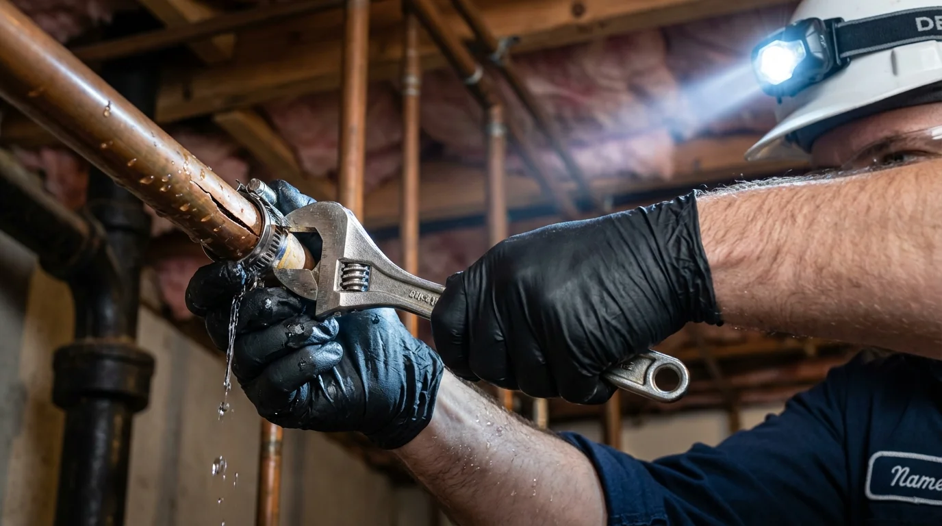 Emergency pipe clamp repair being performed by a Johns Plumbing LLC plumber in Rensselaer