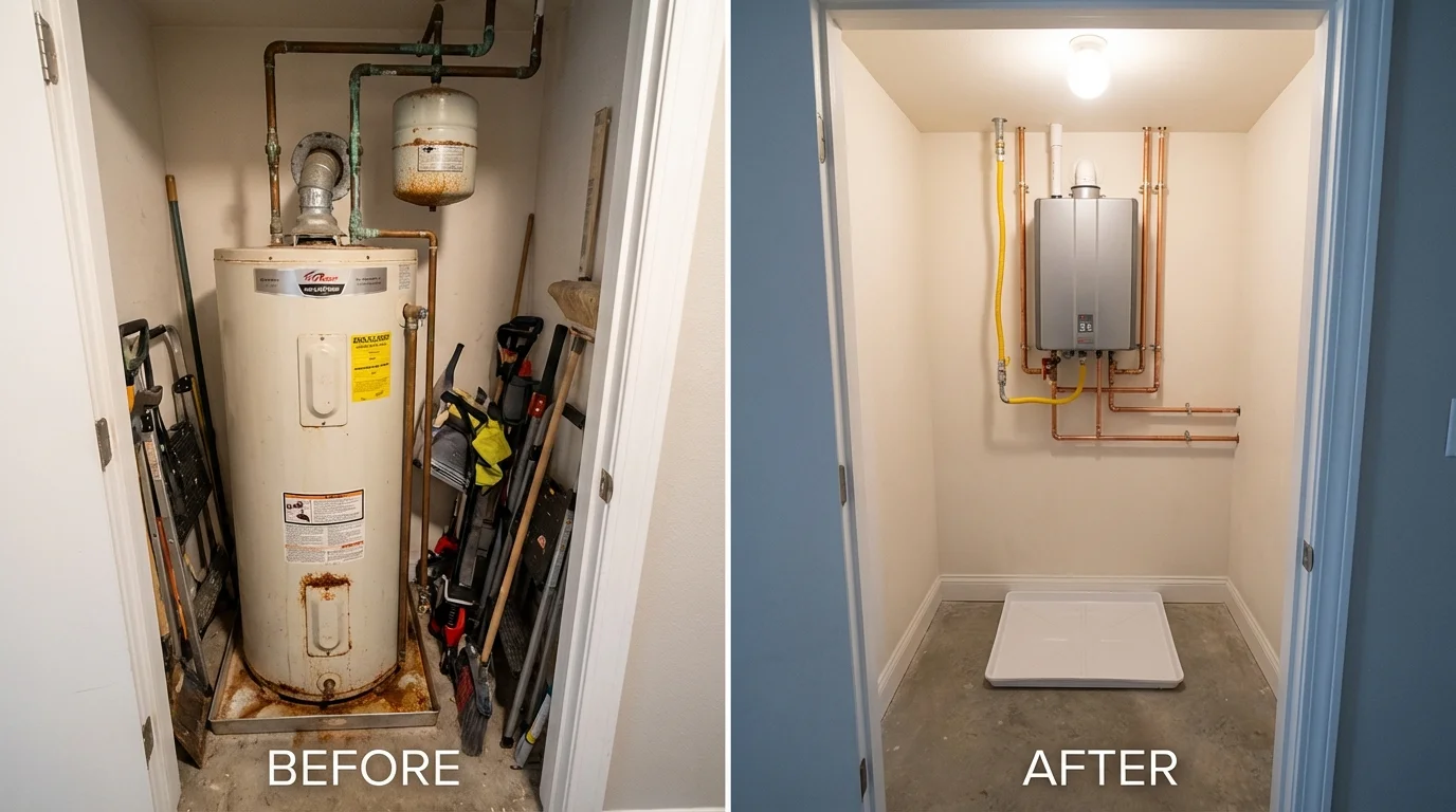Tank water heater versus wall-mounted tankless unit comparison for Rensselaer, IN homeowners