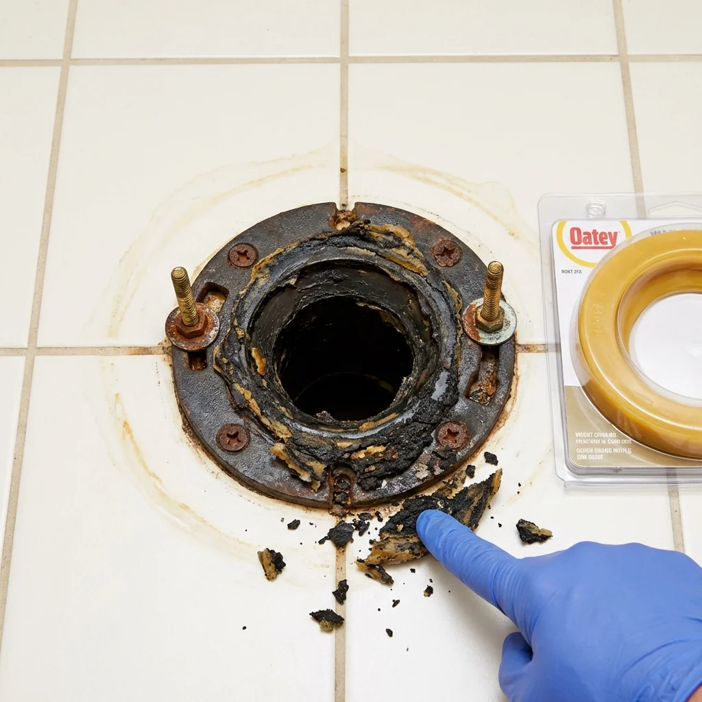 Failed wax ring showing water seepage at the base of a toilet in a Rensselaer, IN home