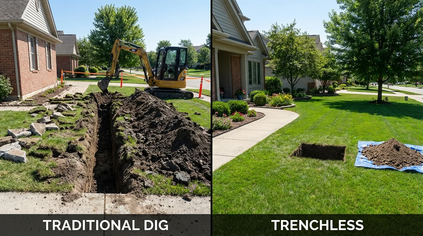Trenchless sewer repair with minimal yard damage versus traditional excavation in Rensselaer, IN